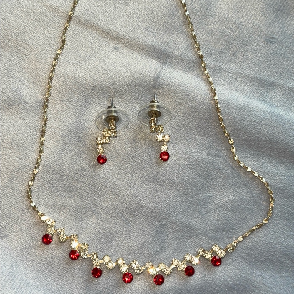 Silver Necklace and Earring Set with Red Crystal Accents